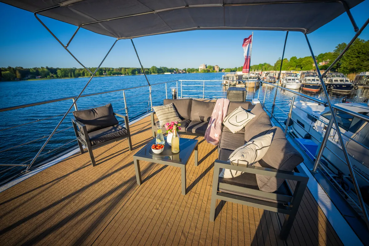 Deck of Roma, a Woma D13 motorboat at Fürstenberg/Havel, Germany