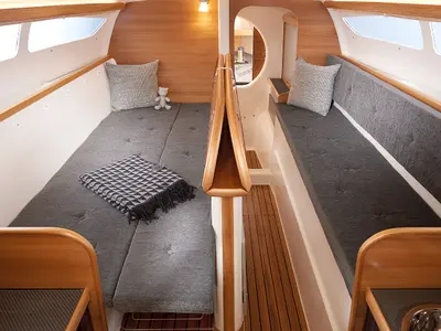 Cabin on Kalmos, a Quorning Yachts Dragonfly 28 sailboat at Toulon, France