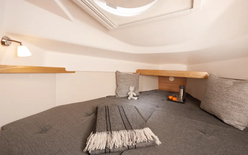 Cabin on Kalmos, a Quorning Yachts Dragonfly 28 sailboat at Toulon, France