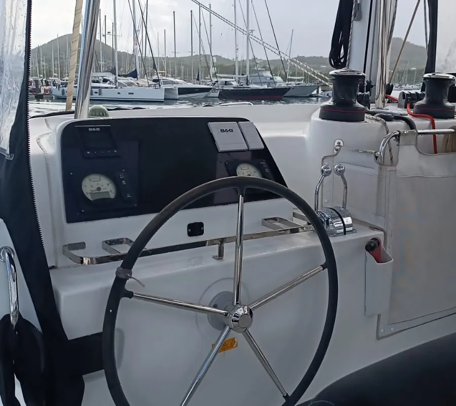 Cockpit of Taina, a Lagoon 42 catamaran at Pointe-à-Pitre, France