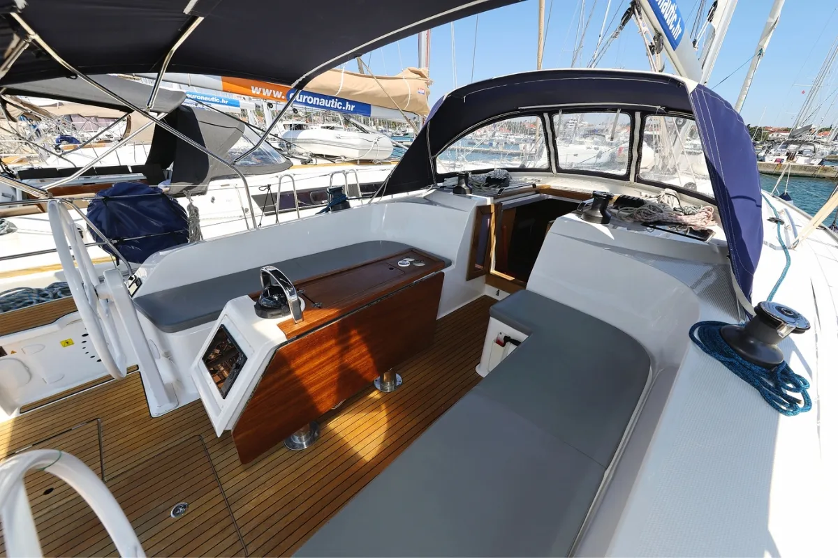 Deck of Florida, a Bavaria Cruiser 46 sailboat at Biograd na Moru, Croatia