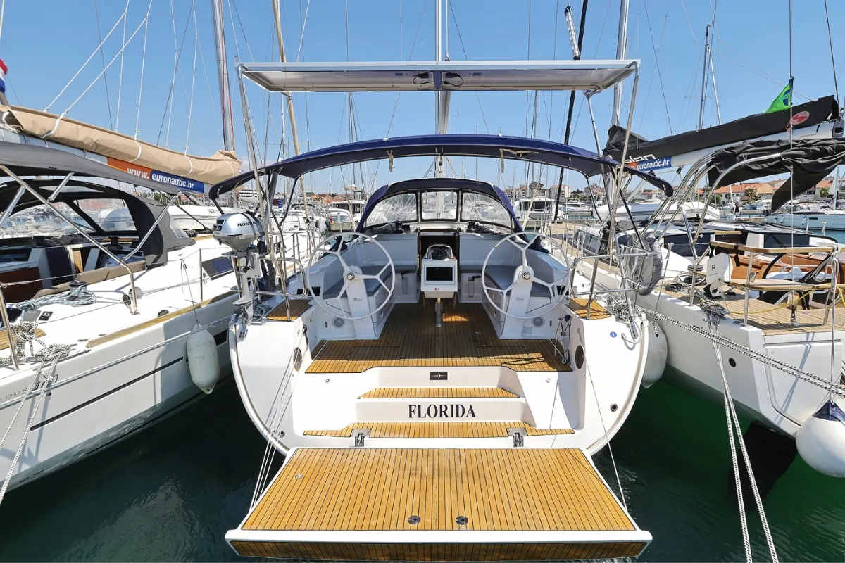 Exterior view of Florida, a Bavaria Cruiser 46 sailboat at Biograd na Moru, Croatia