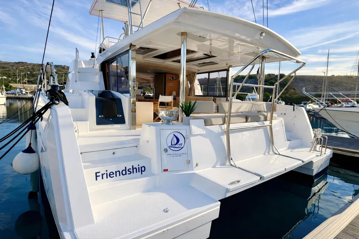 Exterior view of Friendship, a Bali 4.6 catamaran at Primošten, Croatia