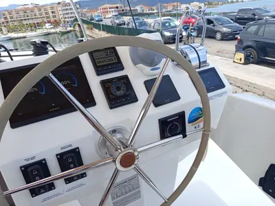 Cockpit of Ioanna, a Fountaine Pajot Astréa 42 catamaran at Municipal Unit of Lefkada, Greece