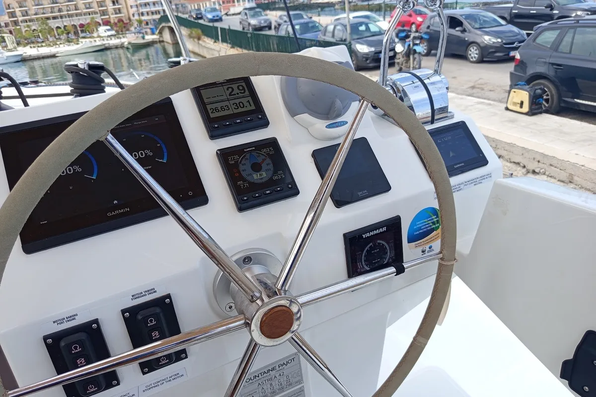 Cockpit of Ioanna, a Fountaine Pajot Astréa 42 catamaran at Municipal Unit of Lefkada, Greece