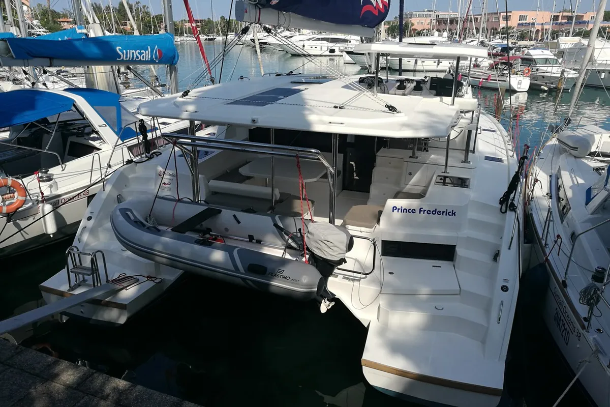 Exterior view of Prince Frederick, a Leopard 45 catamaran at Cannigione, Italy