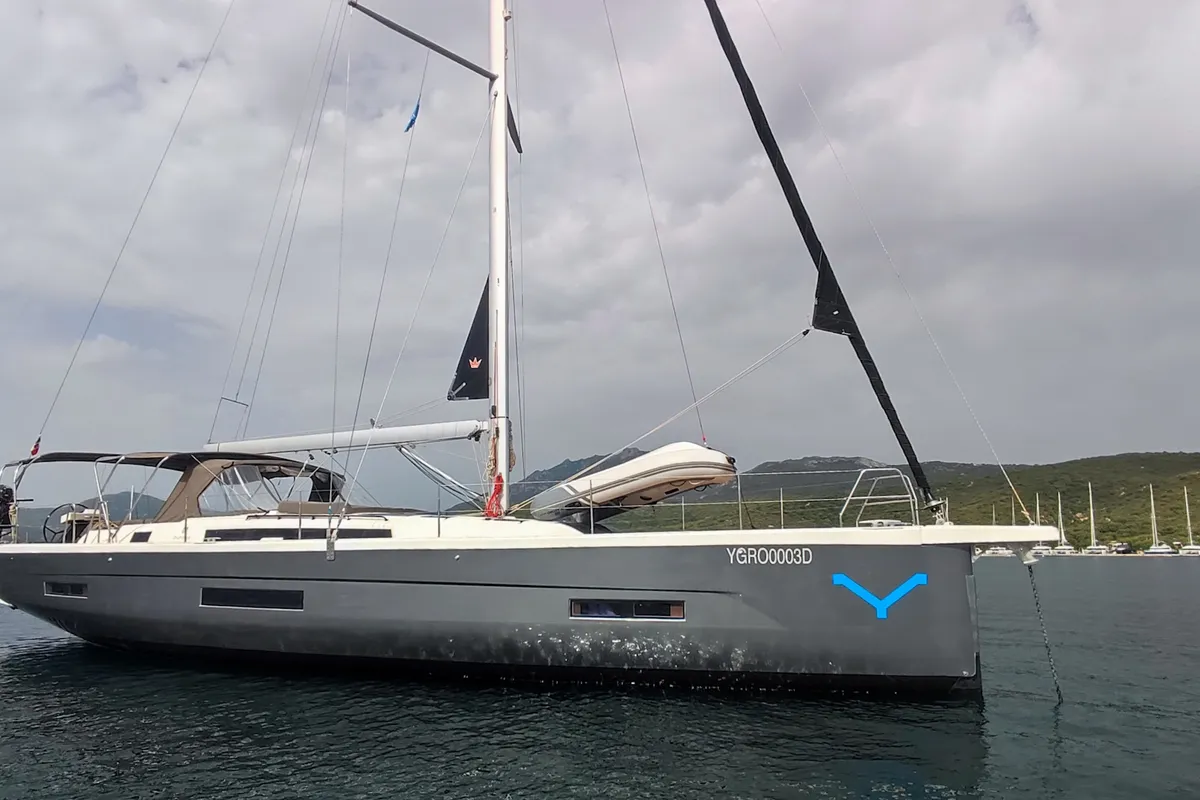 Exterior view of Gryffindor, a Dufour 530 sailboat at Olbia, Italy