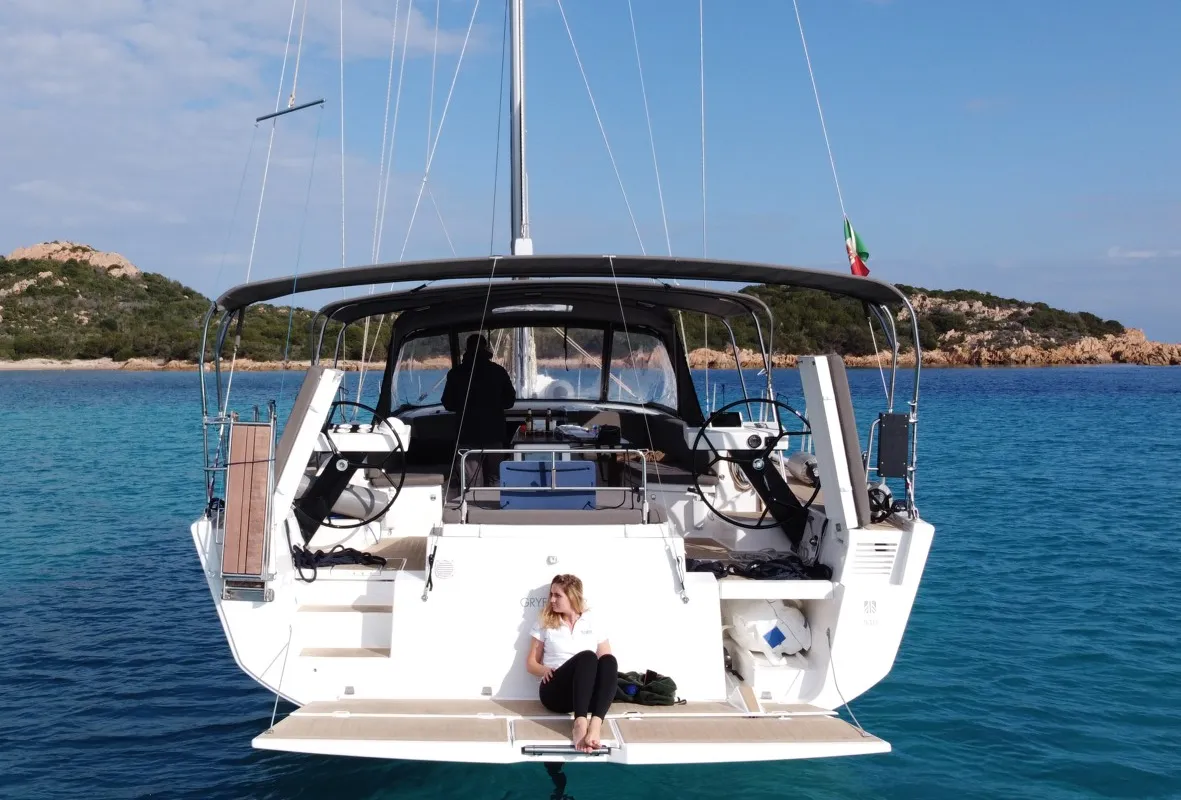 Exterior view of Gryffindor, a Dufour 530 sailboat at Olbia, Italy