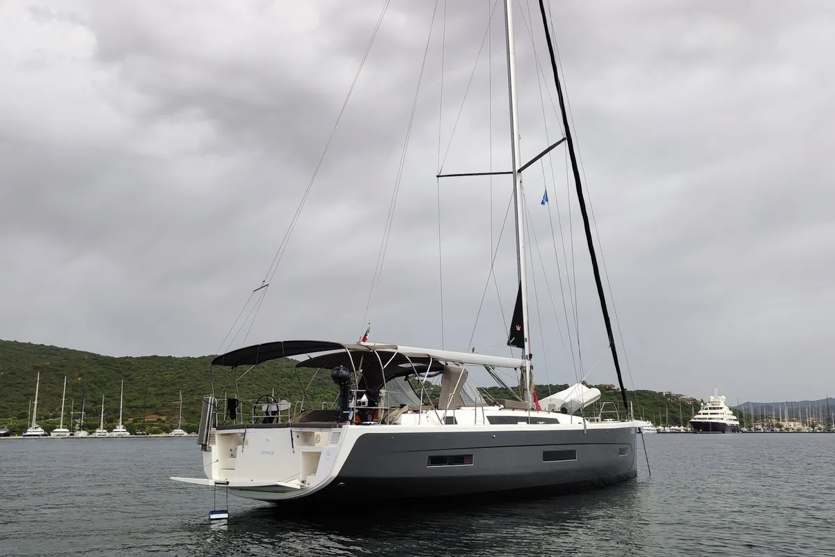 Exterior view of Gryffindor, a Dufour 530 sailboat at Olbia, Italy
