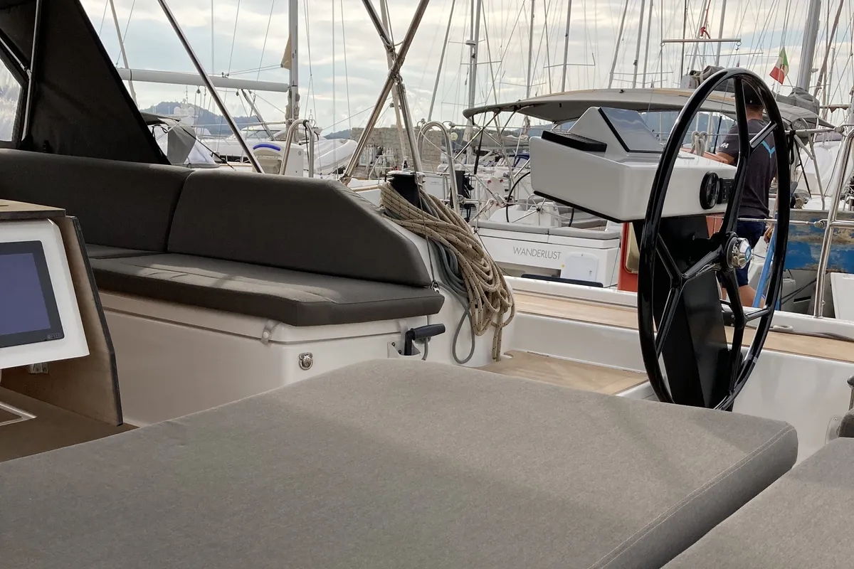 Cockpit of Gryffindor, a Dufour 530 sailboat at Olbia, Italy