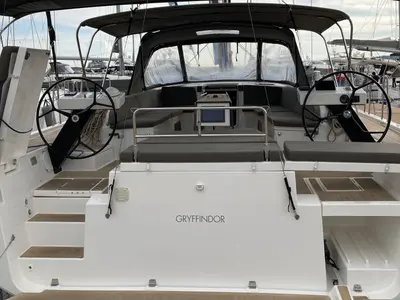 Cockpit of Gryffindor, a Dufour 530 sailboat at Olbia, Italy