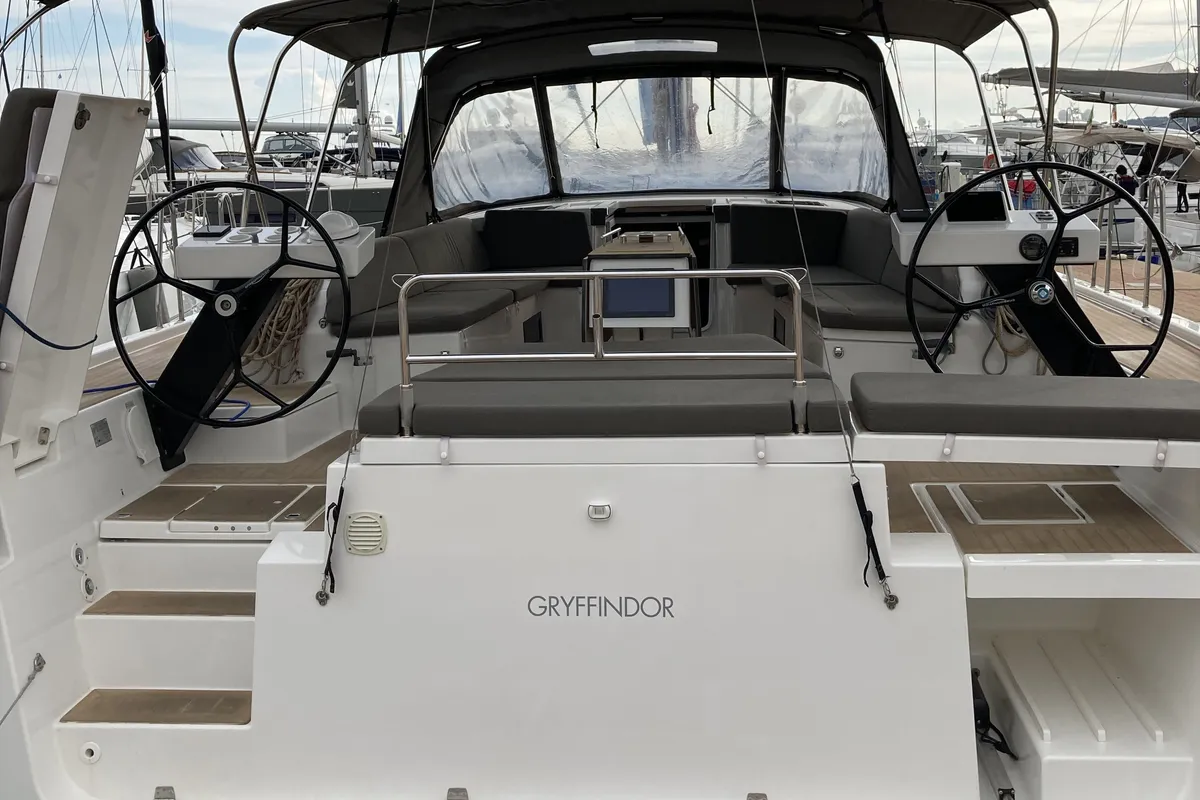 Cockpit of Gryffindor, a Dufour 530 sailboat at Olbia, Italy
