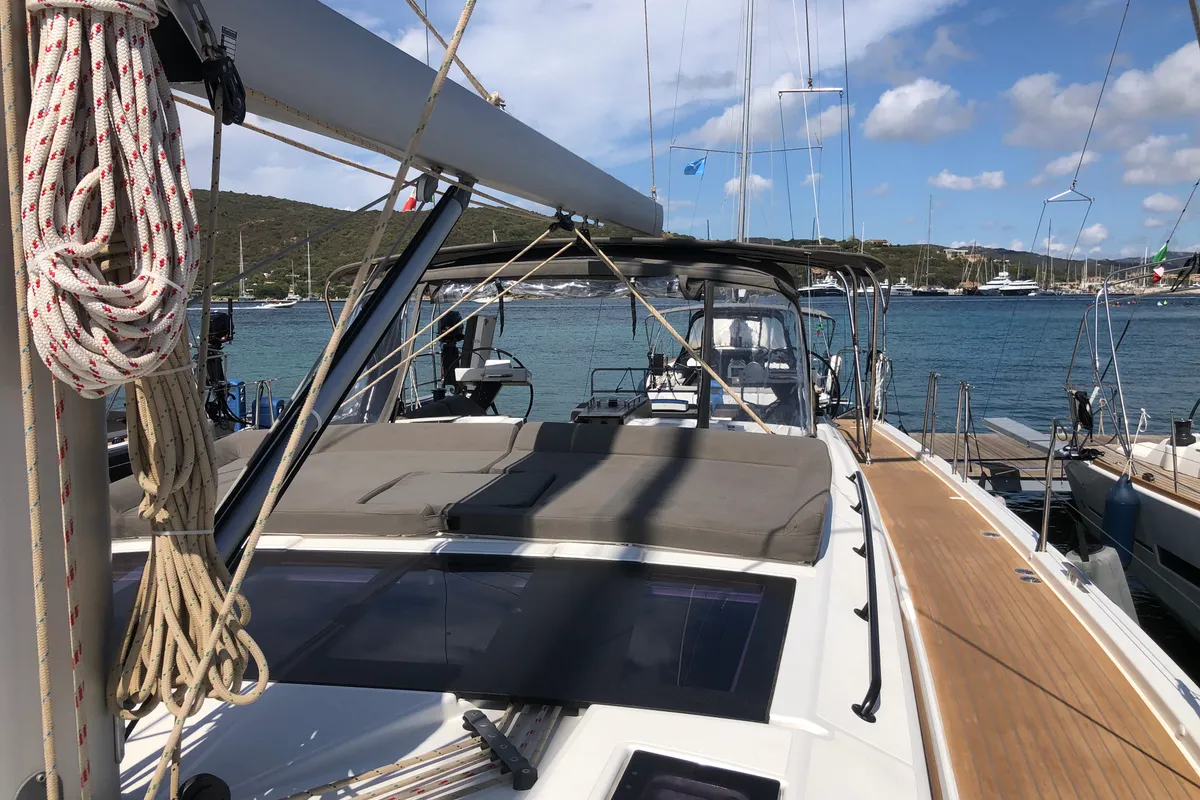 Deck of Gryffindor, a Dufour 530 sailboat at Olbia, Italy