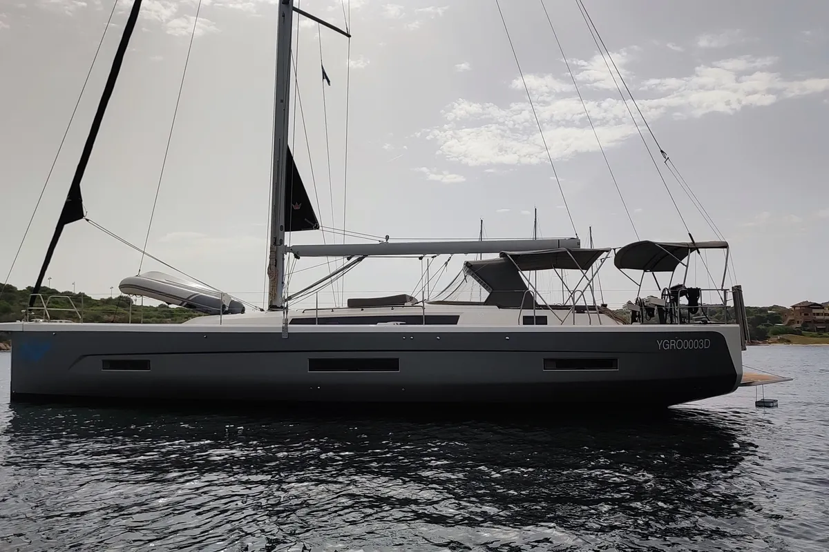 Exterior view of Gryffindor, a Dufour 530 sailboat at Olbia, Italy