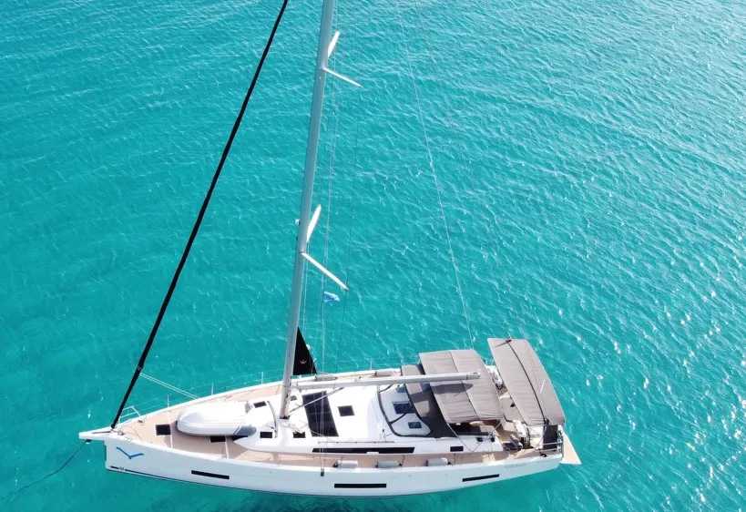 Exterior view of Gryffindor, a Dufour 530 sailboat at Olbia, Italy