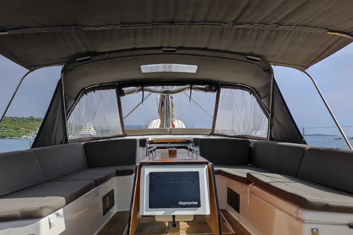 Cockpit of Gryffindor, a Dufour 530 sailboat at Olbia, Italy