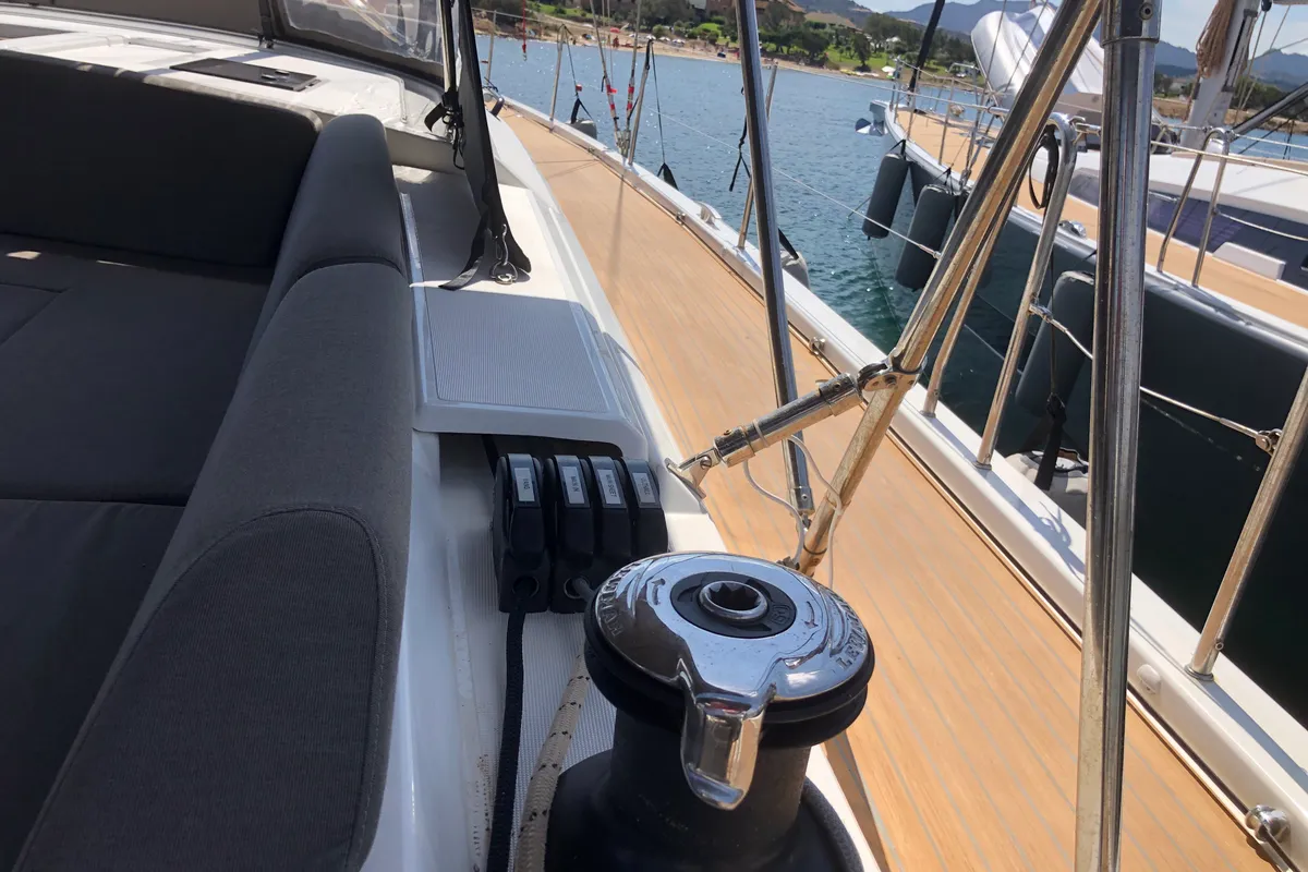 Deck of Gryffindor, a Dufour 530 sailboat at Olbia, Italy