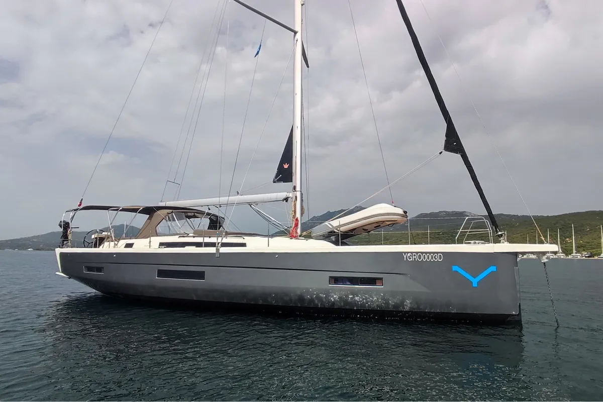 Exterior view of Gryffindor, a Dufour 530 sailboat at Olbia, Italy