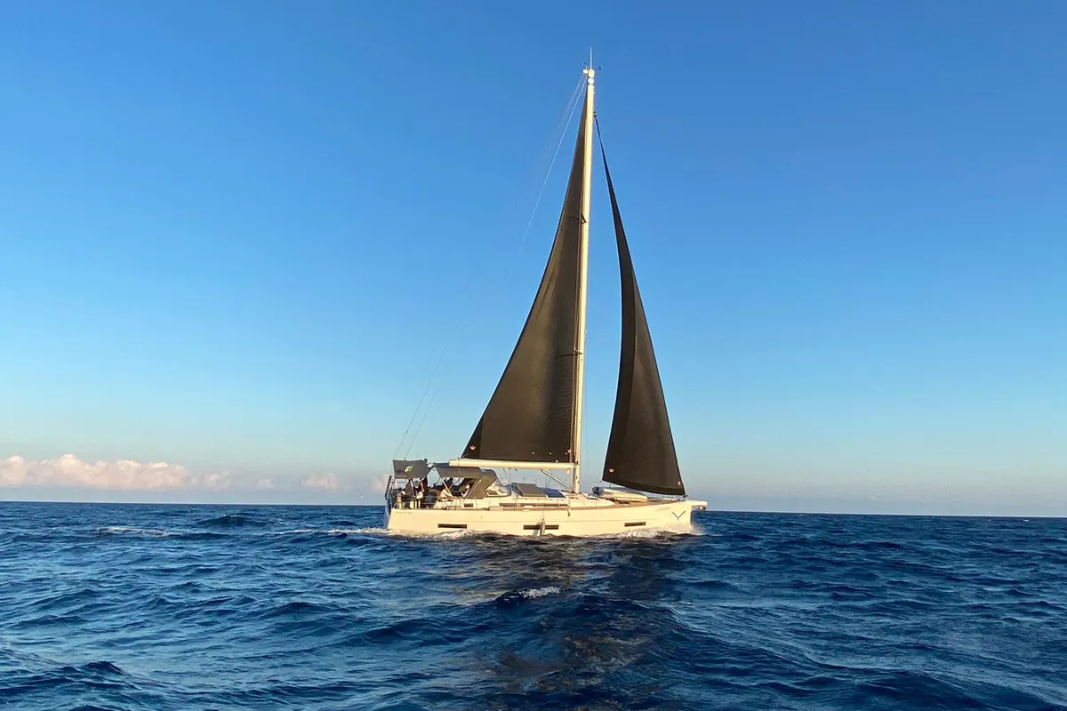 Exterior view of Gryffindor, a Dufour 530 sailboat at Olbia, Italy
