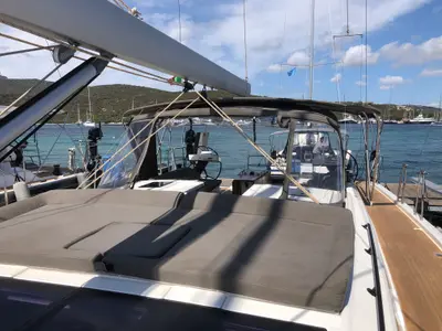 Deck of Gryffindor, a Dufour 530 sailboat at Olbia, Italy