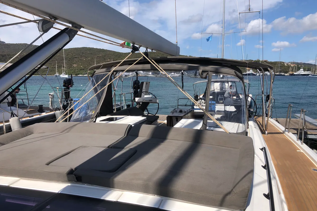 Deck of Gryffindor, a Dufour 530 sailboat at Olbia, Italy