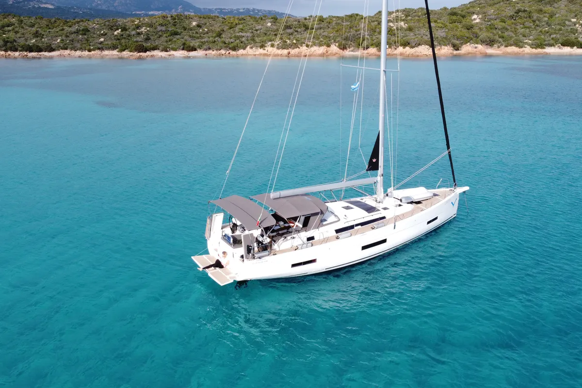 Exterior view of Gryffindor, a Dufour 530 sailboat at Olbia, Italy