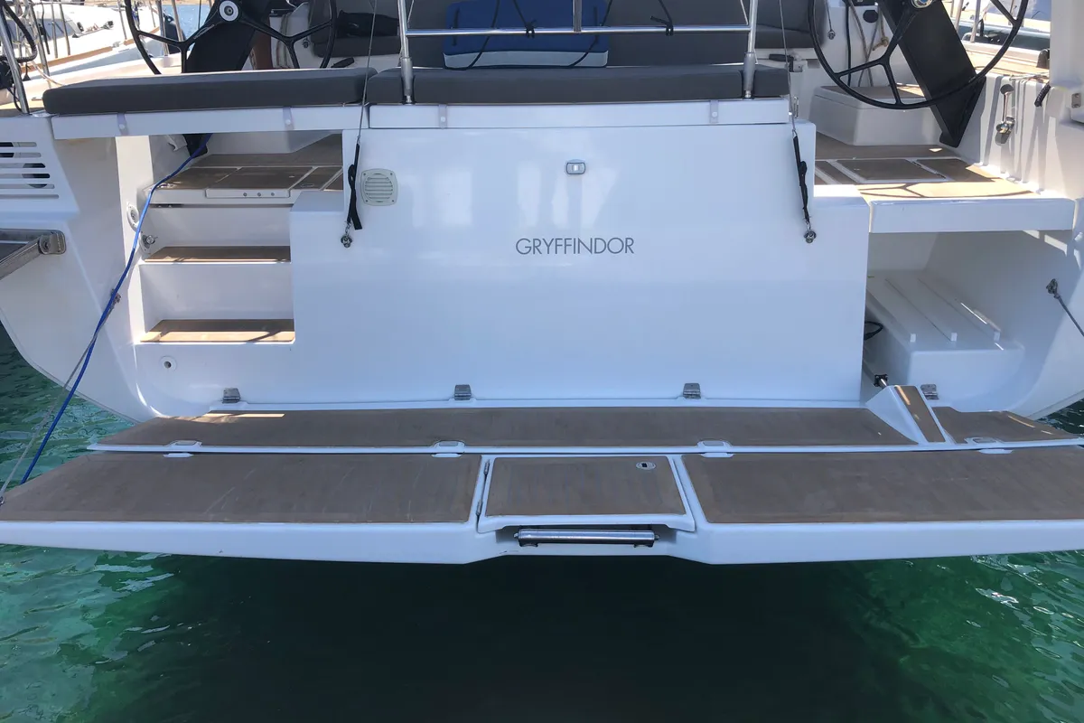 Exterior view of Gryffindor, a Dufour 530 sailboat at Olbia, Italy