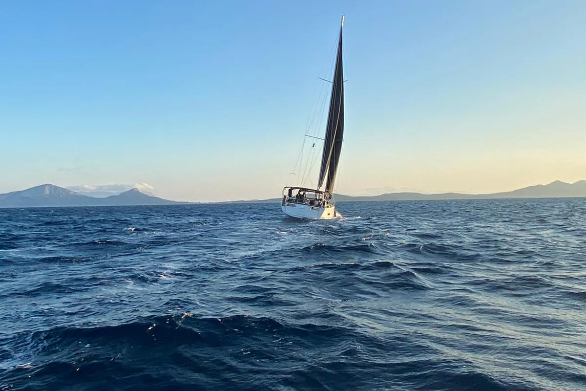 Exterior view of Gryffindor, a Dufour 530 sailboat at Olbia, Italy
