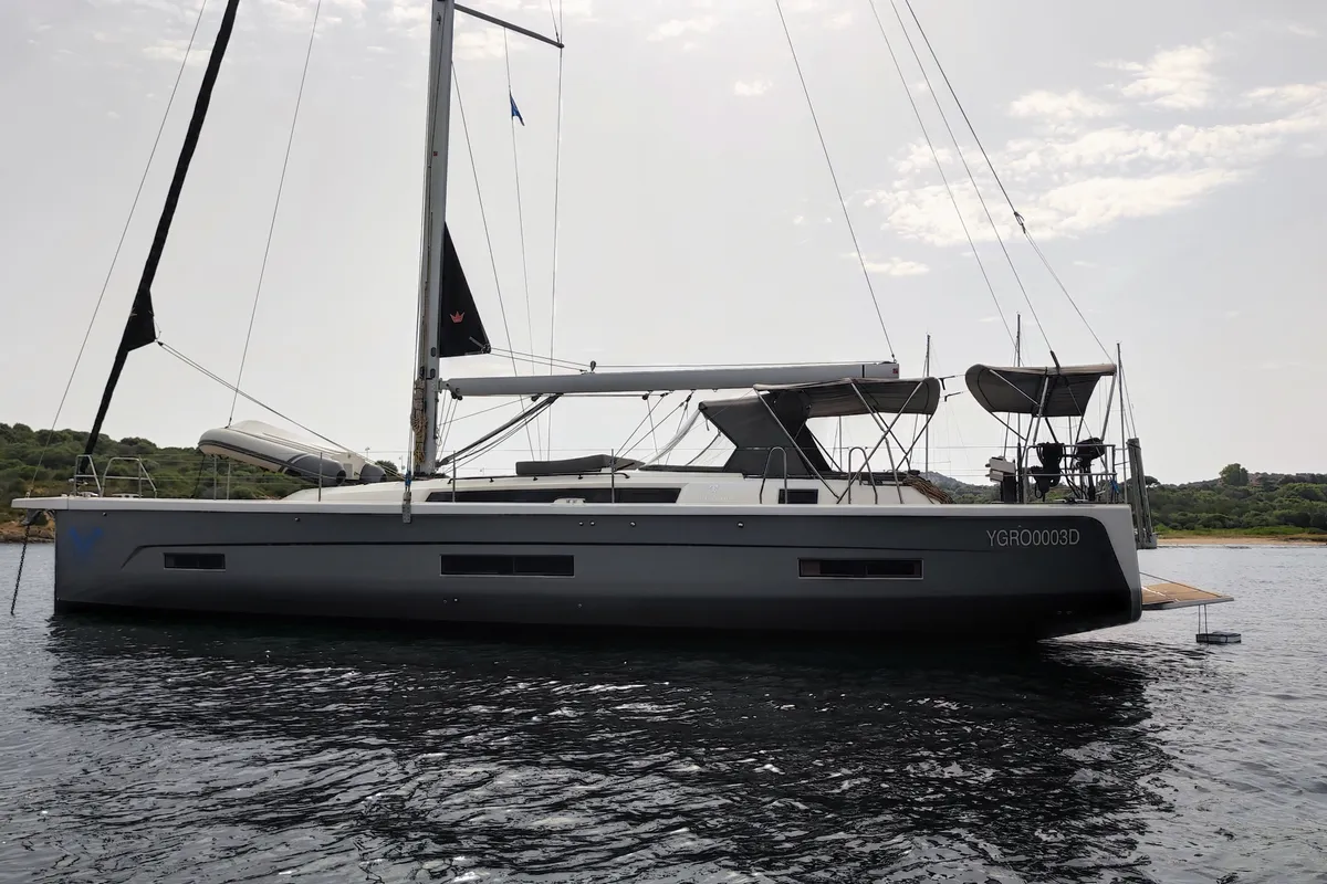 Exterior view of Gryffindor, a Dufour 530 sailboat at Olbia, Italy