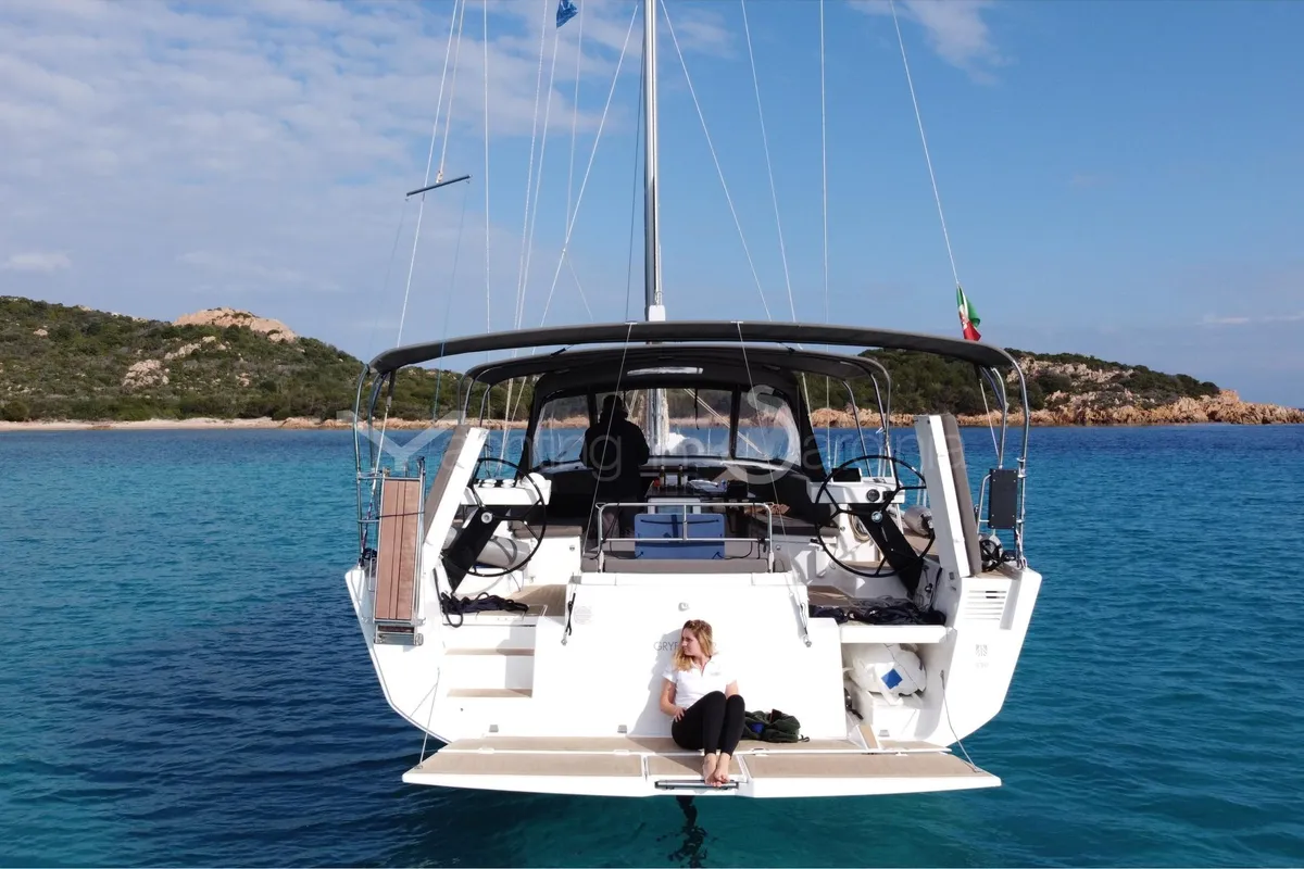 Exterior view of Gryffindor, a Dufour 530 sailboat at Olbia, Italy