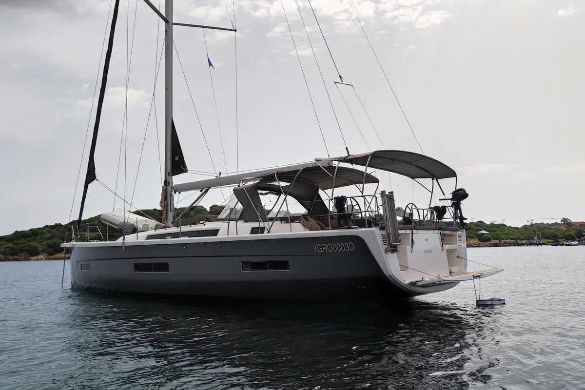Exterior view of Gryffindor, a Dufour 530 sailboat at Olbia, Italy