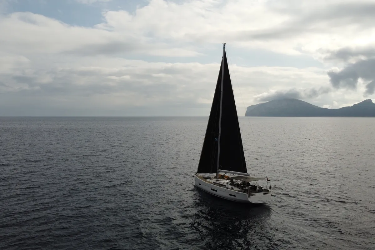 Exterior view of Gryffindor, a Dufour 530 sailboat at Olbia, Italy