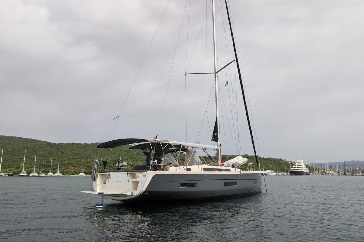 Exterior view of Gryffindor, a Dufour 530 sailboat at Olbia, Italy
