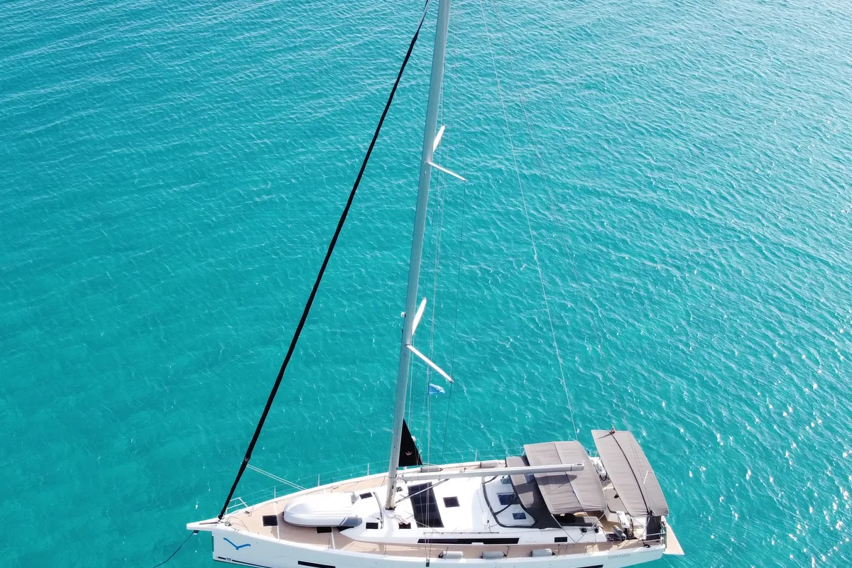 Exterior view of Gryffindor, a Dufour 530 sailboat at Olbia, Italy