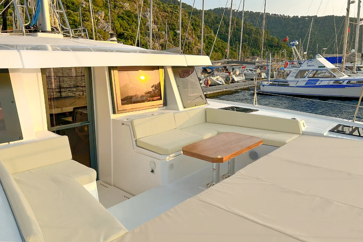 Deck of Baikal, a Bali 4.8 catamaran at Marmaris, Turkey