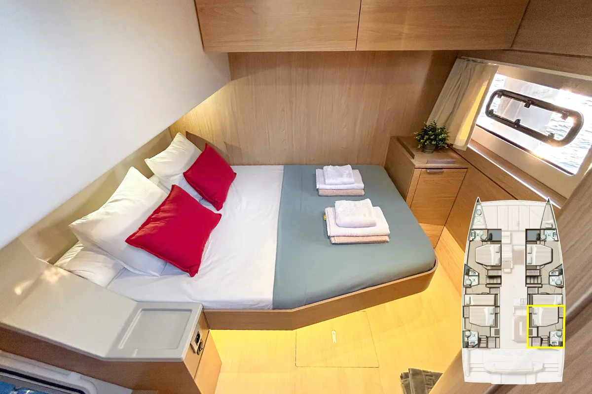 Cabin on Baikal, a Bali 4.8 catamaran at Marmaris, Turkey