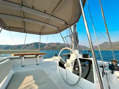 Cockpit of Baikal, a Bali 4.8 catamaran at Marmaris, Turkey