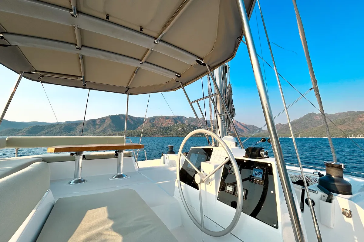 Cockpit of Baikal, a Bali 4.8 catamaran at Marmaris, Turkey
