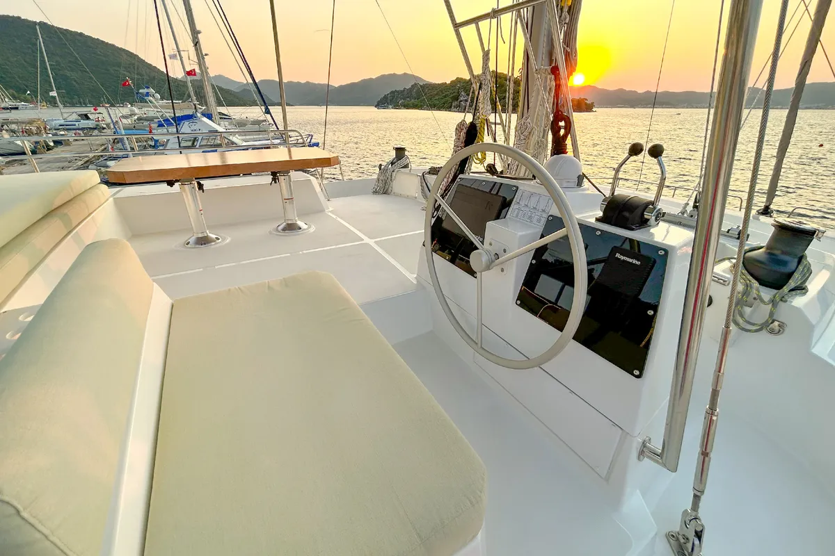 Cockpit of Baikal, a Bali 4.8 catamaran at Marmaris, Turkey