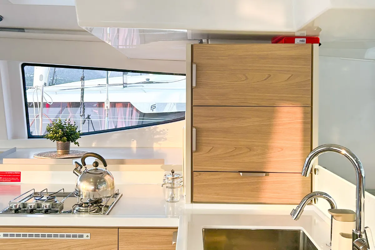 Galley of Baikal, a Bali 4.8 catamaran at Marmaris, Turkey