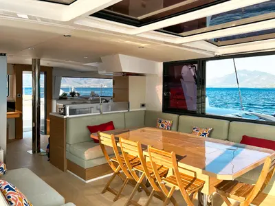 Salon of Baikal, a Bali 4.8 catamaran at Marmaris, Turkey