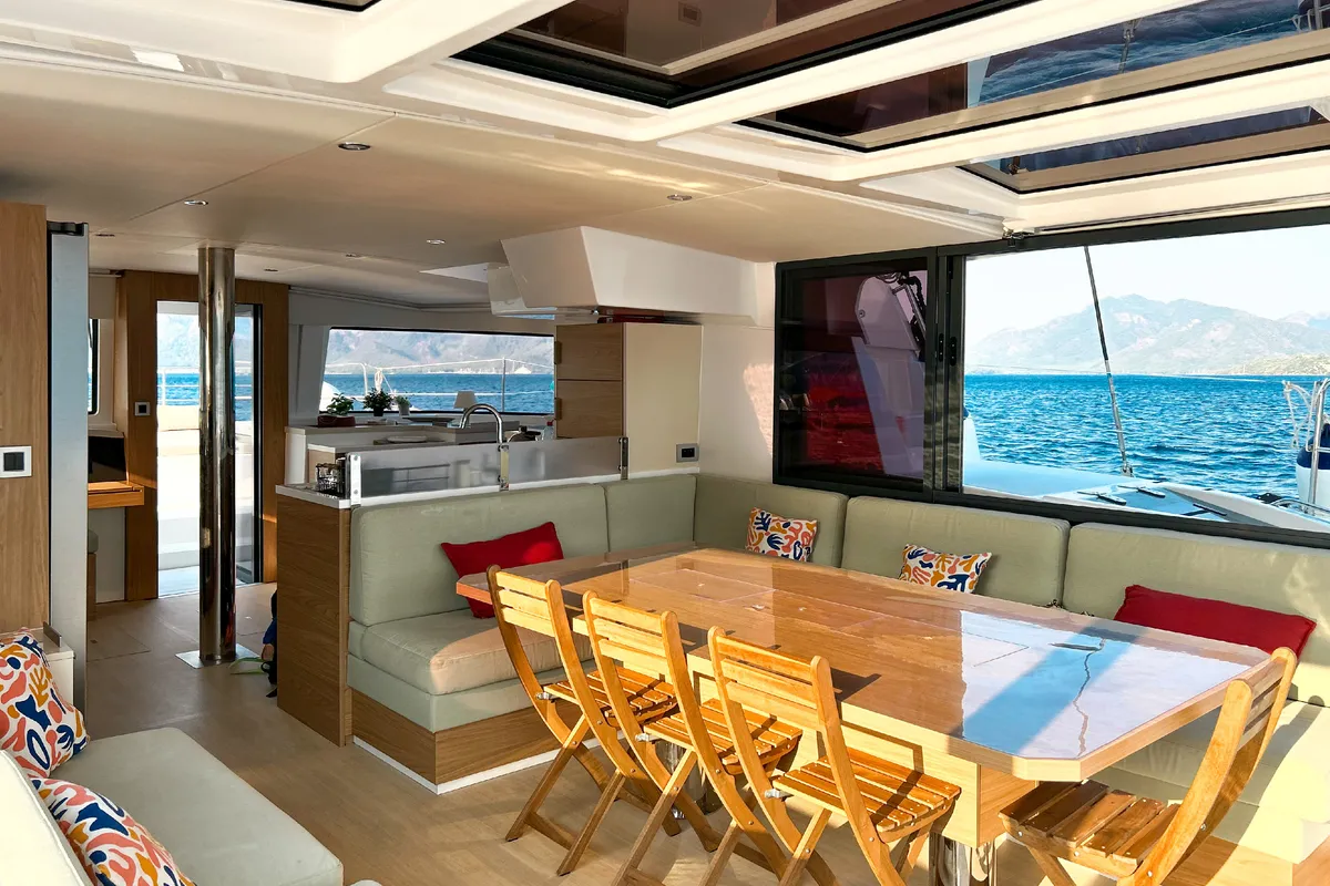 Salon of Baikal, a Bali 4.8 catamaran at Marmaris, Turkey