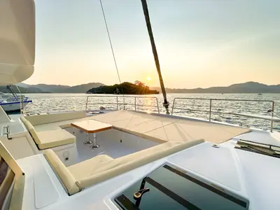 Deck of Baikal, a Bali 4.8 catamaran at Marmaris, Turkey