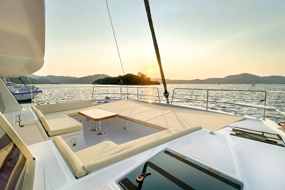 Deck of Baikal, a Bali 4.8 catamaran at Marmaris, Turkey