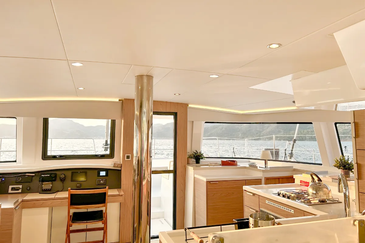 Cockpit of Baikal, a Bali 4.8 catamaran at Marmaris, Turkey