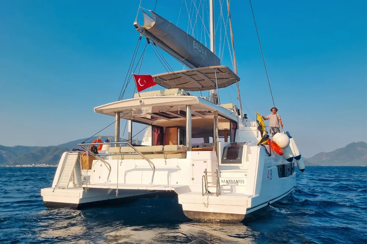 Exterior view of Baikal, a Bali 4.8 catamaran at Marmaris, Turkey