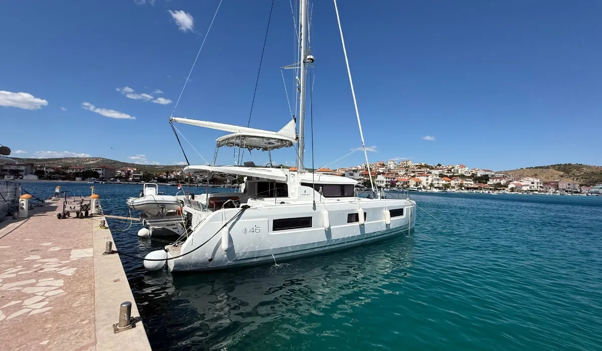 Exterior view of Frieda, a Lagoon 46 catamaran at Rogoznica, Croatia