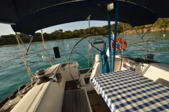 Deck of Leitmotiv II, a Dufour 44 - 3 cab.* sailboat at Toulon, France