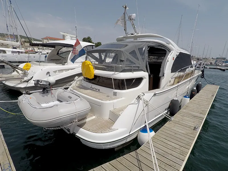 Exterior view of Aurora, a Marex 320 ACC motor yacht at Grad Šibenik, Croatia