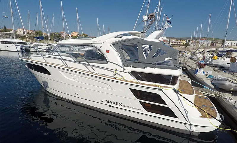 Exterior view of Aurora, a Marex 320 ACC motor yacht at Grad Šibenik, Croatia